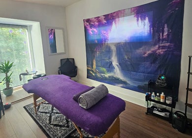 A serene therapy room with a massage table at Rejuvenating Therapies, Bangor, Northern Ireland, GB.