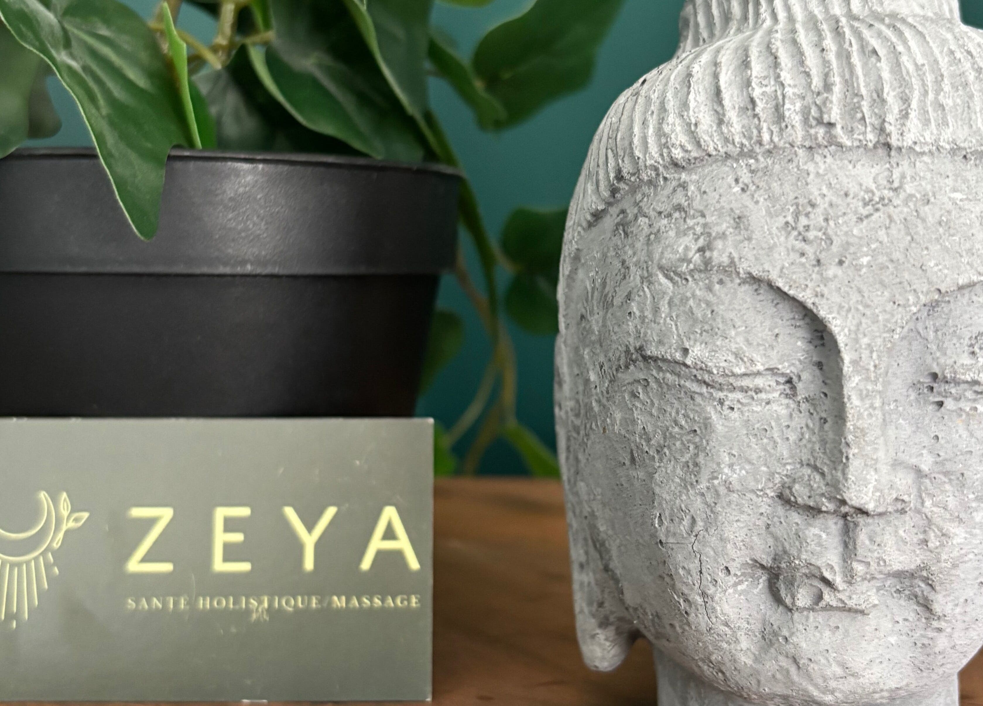 Peaceful Buddha statue beside green plant at Massothérapie Amanda Côté, Gatineau, Québec, CA.