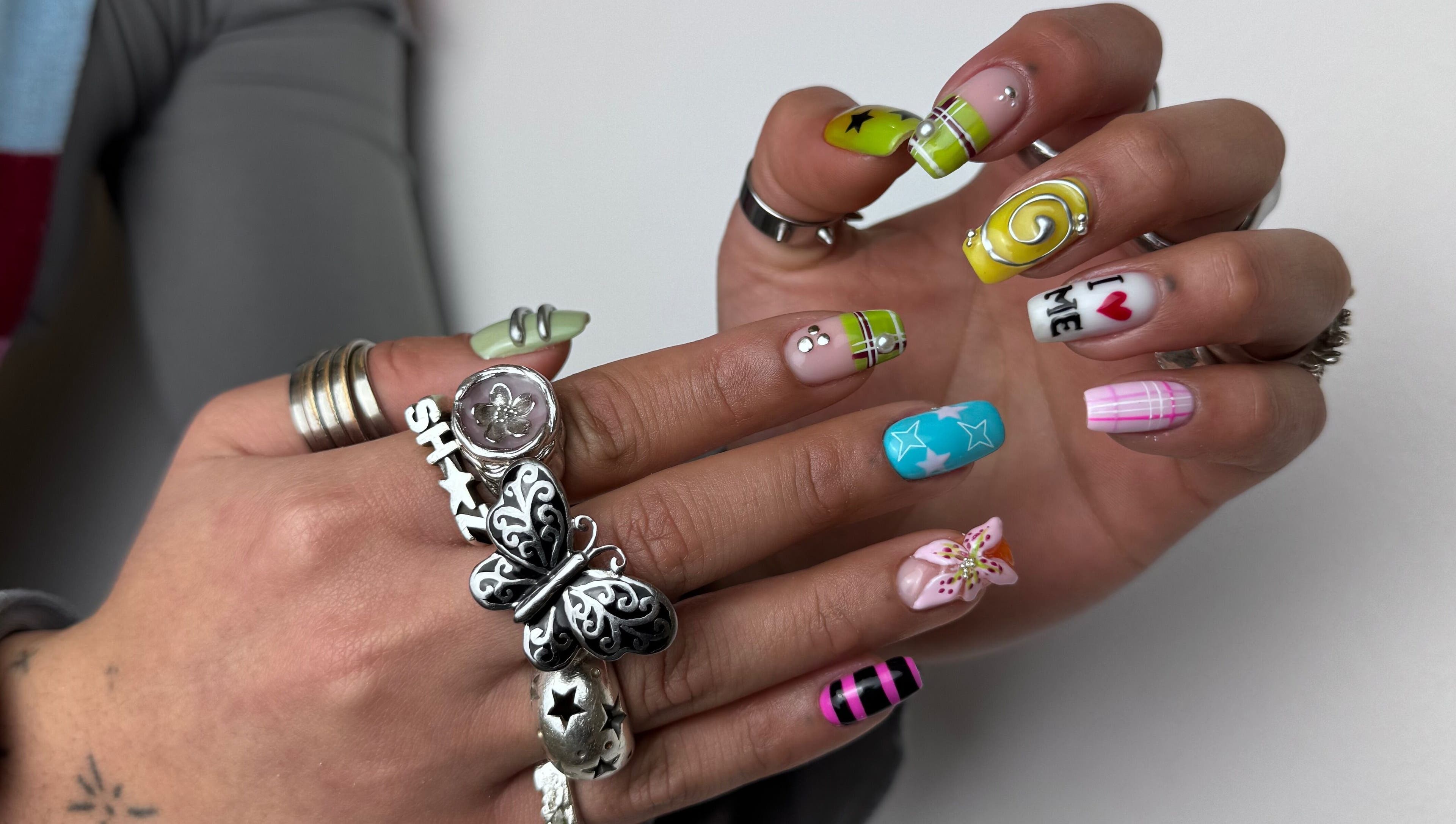 Creative nail art at Maria Benitez Nails Studio in Rosebery, New South Wales, AU showcasing colorful, detailed designs.