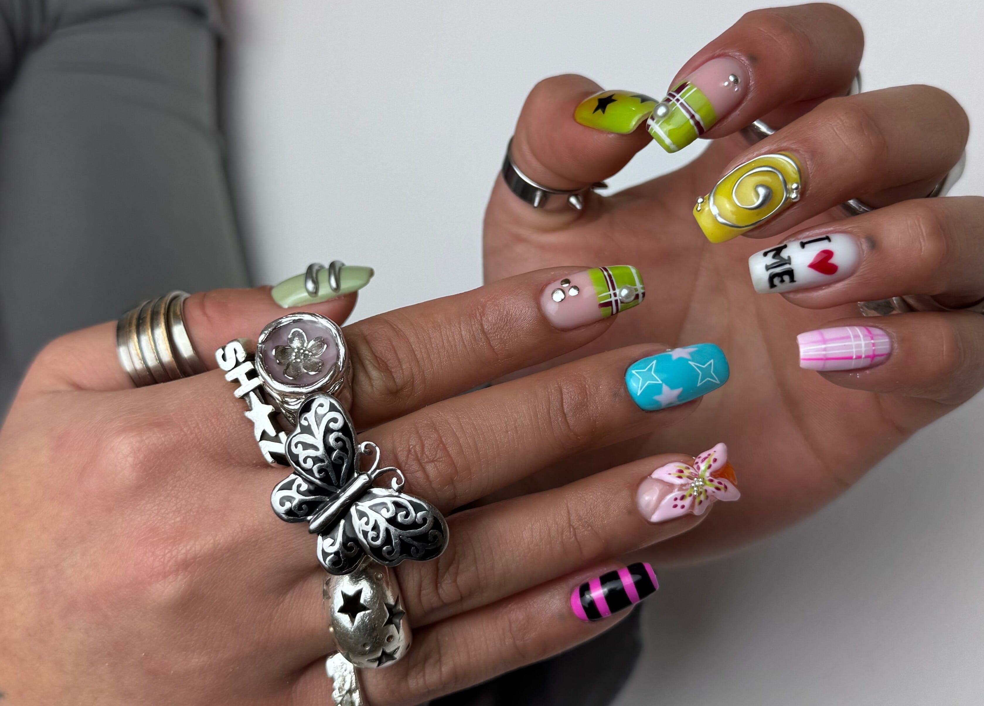 Creative nail art at Maria Benitez Nails Studio in Rosebery, New South Wales, AU showcasing colorful, detailed designs.