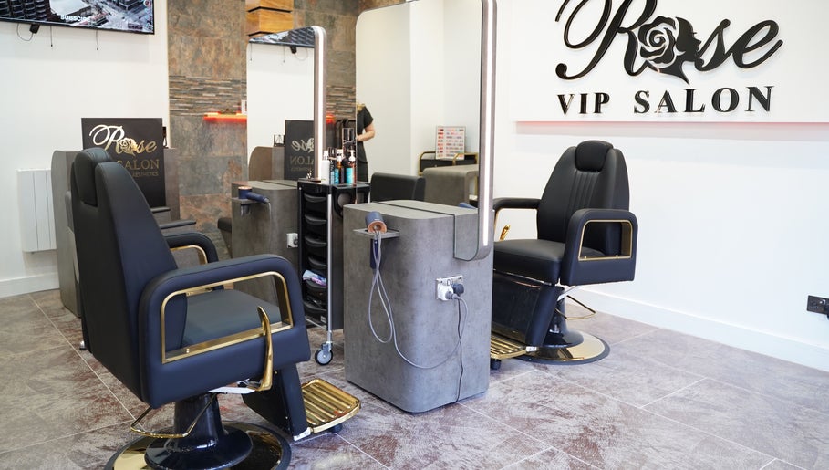 Modern salon chairs at Rose VIP Salon in Paisley, Scotland, GB, showcasing luxury and comfort.