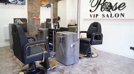Modern salon chairs at Rose VIP Salon in Paisley, Scotland, GB, showcasing luxury and comfort.