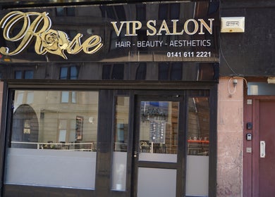 Front view of Rose VIP Salon in Paisley, Scotland, GB, showcasing its elegant black and gold signage.