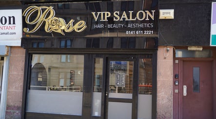 Front view of Rose VIP Salon in Paisley, Scotland, GB, showcasing its elegant black and gold signage.