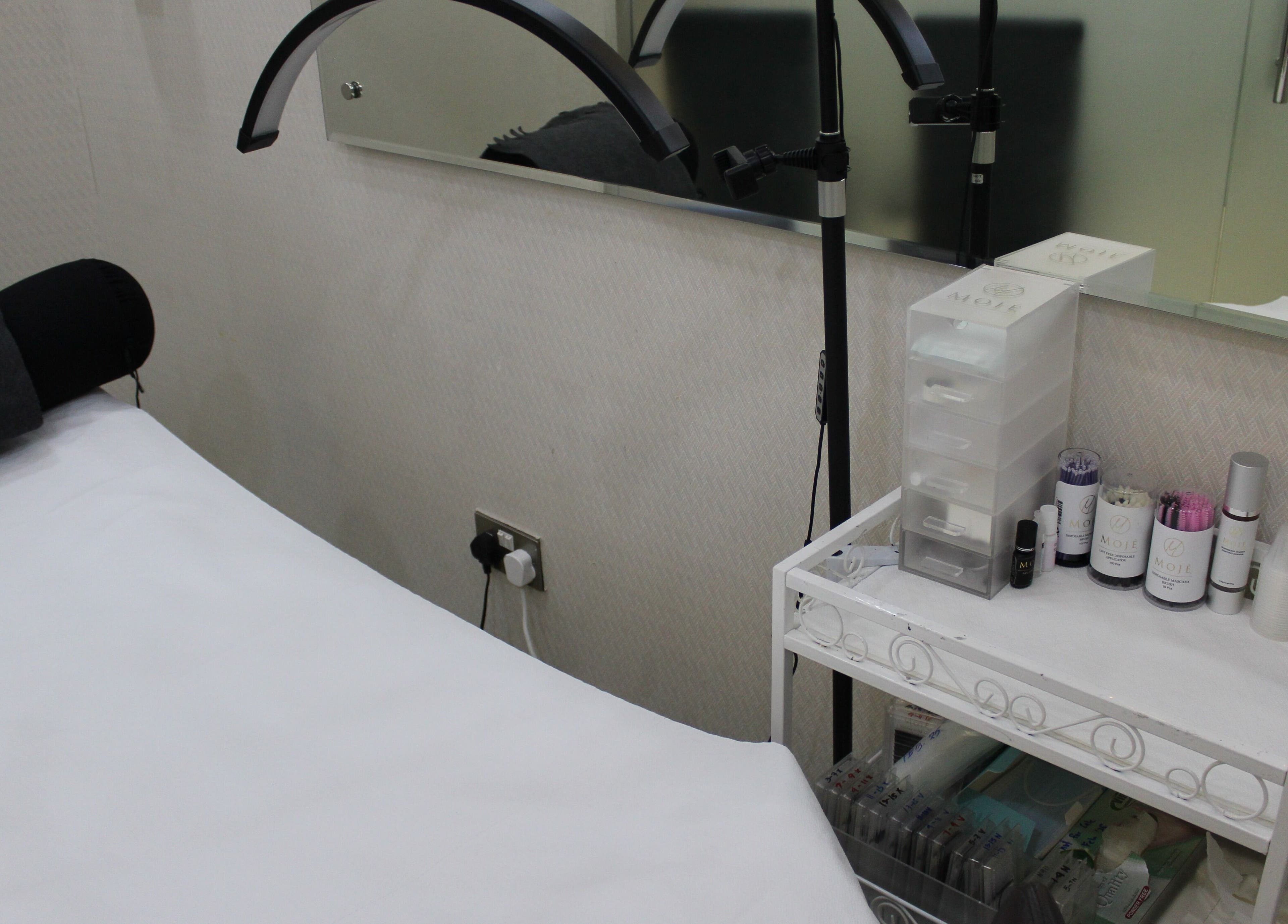 Treatment room at Eyelash Extension Center, Souk Qariyat Al Beri, Abu Dhabi, featuring a bed and tools, Abu Dhabi, AE.