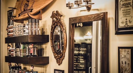 Vintage grooming products on shelves at FIGARO BARBERSHOP LEUCADIA, Encinitas, California, US.