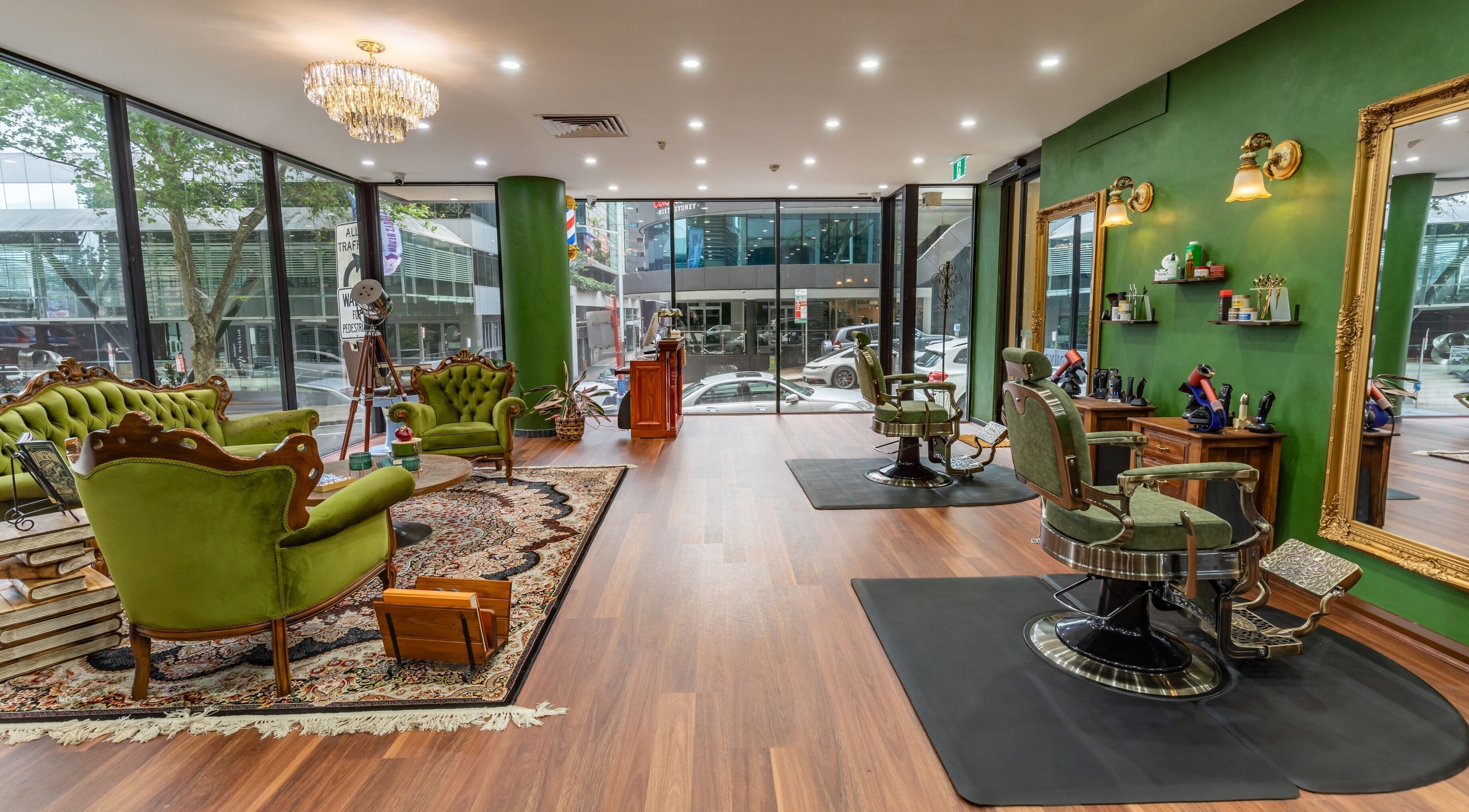 Stylish interior of L’Artisan Men’s Hair Studio in North Sydney, New South Wales, AU with vintage decor.