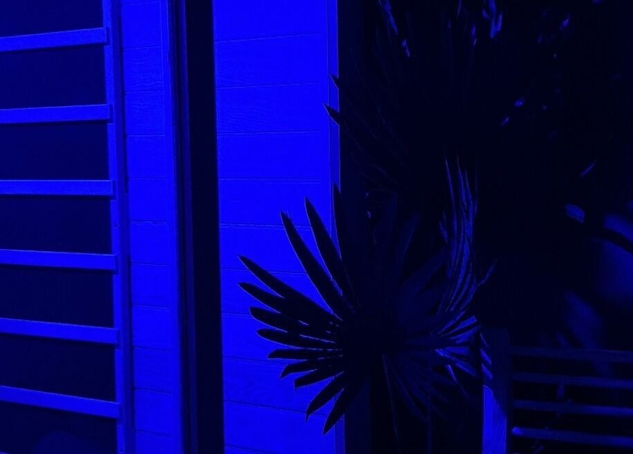 Ambient blue-lit room at Recover by Heat Retreat in Mount Maunganui, Bay Of Plenty Region, NZ with wooden decor.