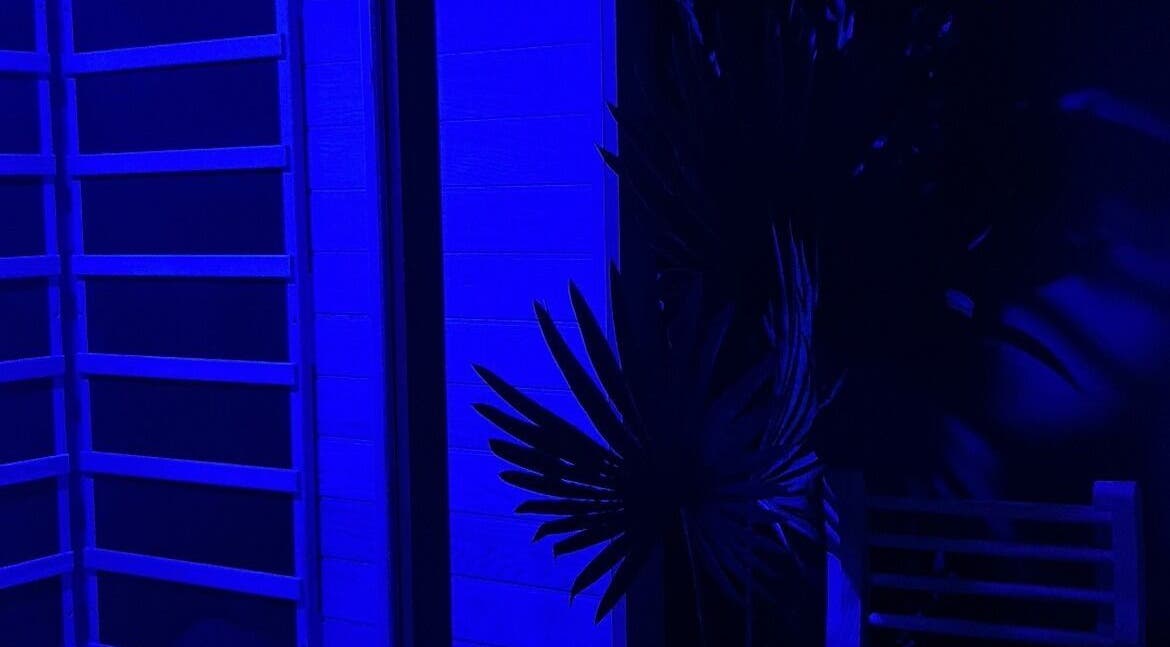 Ambient blue-lit room at Recover by Heat Retreat in Mount Maunganui, Bay Of Plenty Region, NZ with wooden decor.