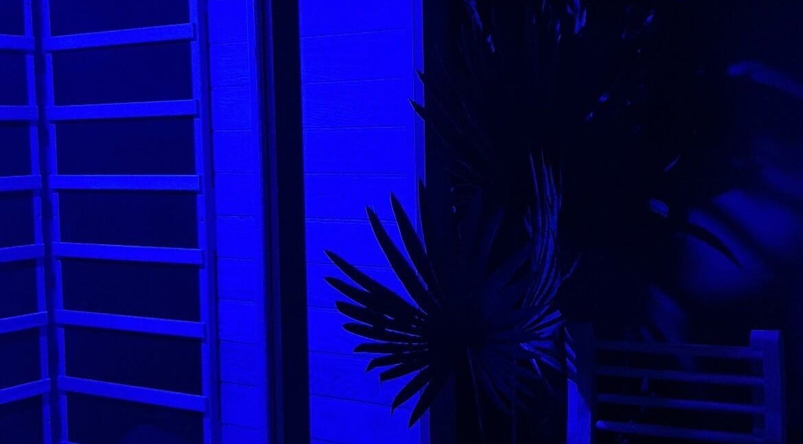 Ambient blue-lit room at Recover by Heat Retreat in Mount Maunganui, Bay Of Plenty Region, NZ with wooden decor.