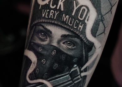 Detailed tattoo sleeve design at Z A Tattoo in Bolton, England, showcasing intricate art work.