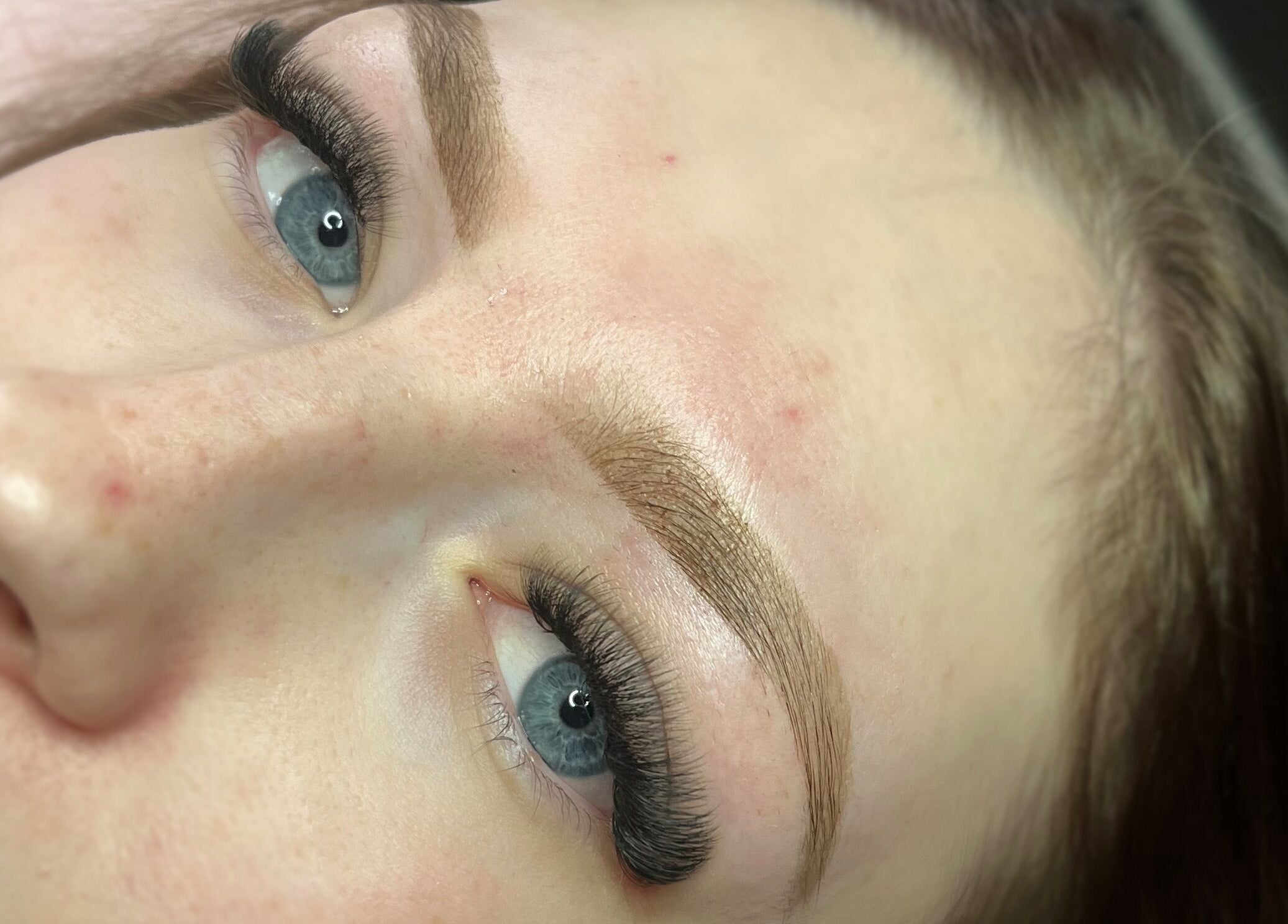 Close-up of enhanced eyelashes and eyebrows at Angel Eyes Beauty By Arien, Halls Head, Western Australia, AU.