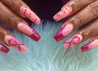 Elegant pink and red nail art at Vivid Nails Studio, St. Michael, Saint James, BB.
