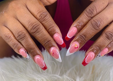 Stylish red and pink nails at Vivid Nails Studio, St. Michael, Saint James, BB.