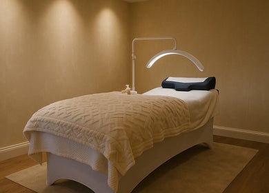 Relaxing treatment room at Bexi's Beauty Bar, London, England, GB, with a cozy spa bed and soft lighting.