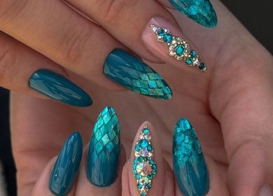 Elegant teal jewel nail art at Katzby Nail Artistry, Canning Vale, Western Australia, AU.