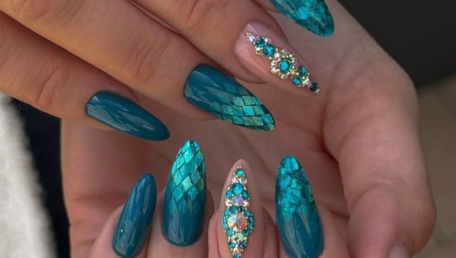 Intricate teal nail art with gems by Katzby Nail Artistry, Canning Vale, Western Australia, AU.
