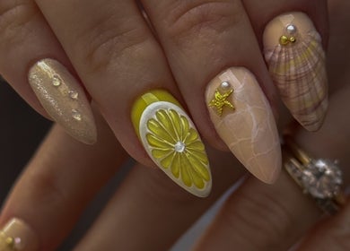Lemon-themed nail art at Katzby Nail Artistry in Canning Vale, Western Australia, AU, featuring unique 3D designs.
