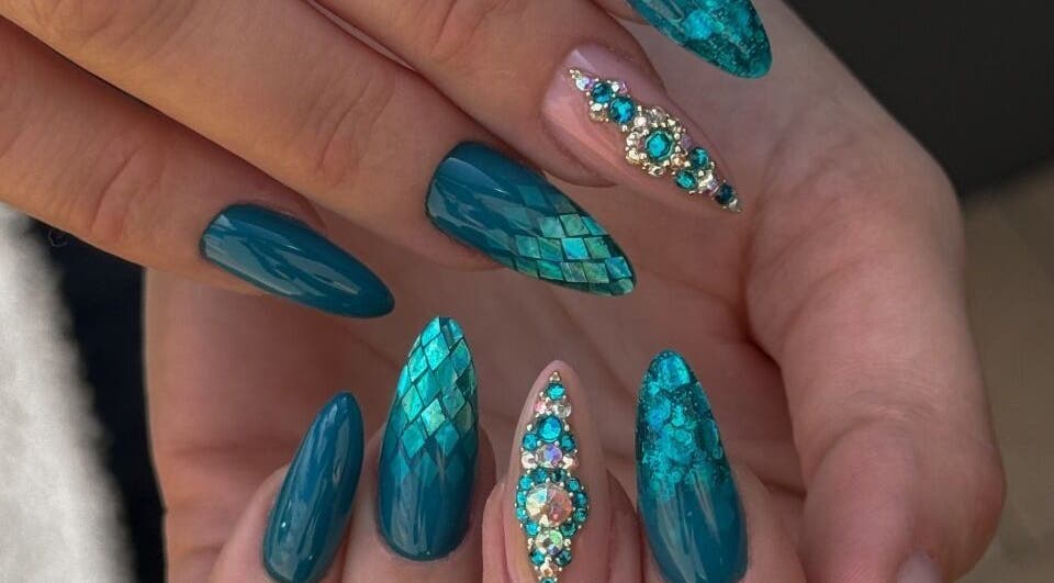 Intricate teal gemstone nail art at Katzby Nail Artistry, Canning Vale, Western Australia, AU.