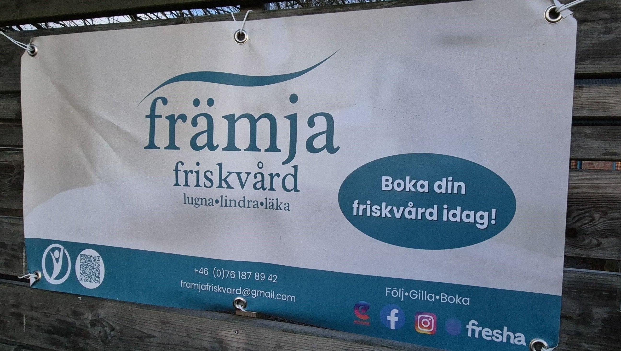 Reklamskylt för Främja Friskvård AB i Veberöd, Skåne Län, SE med kontaktinformation och sociala medier.