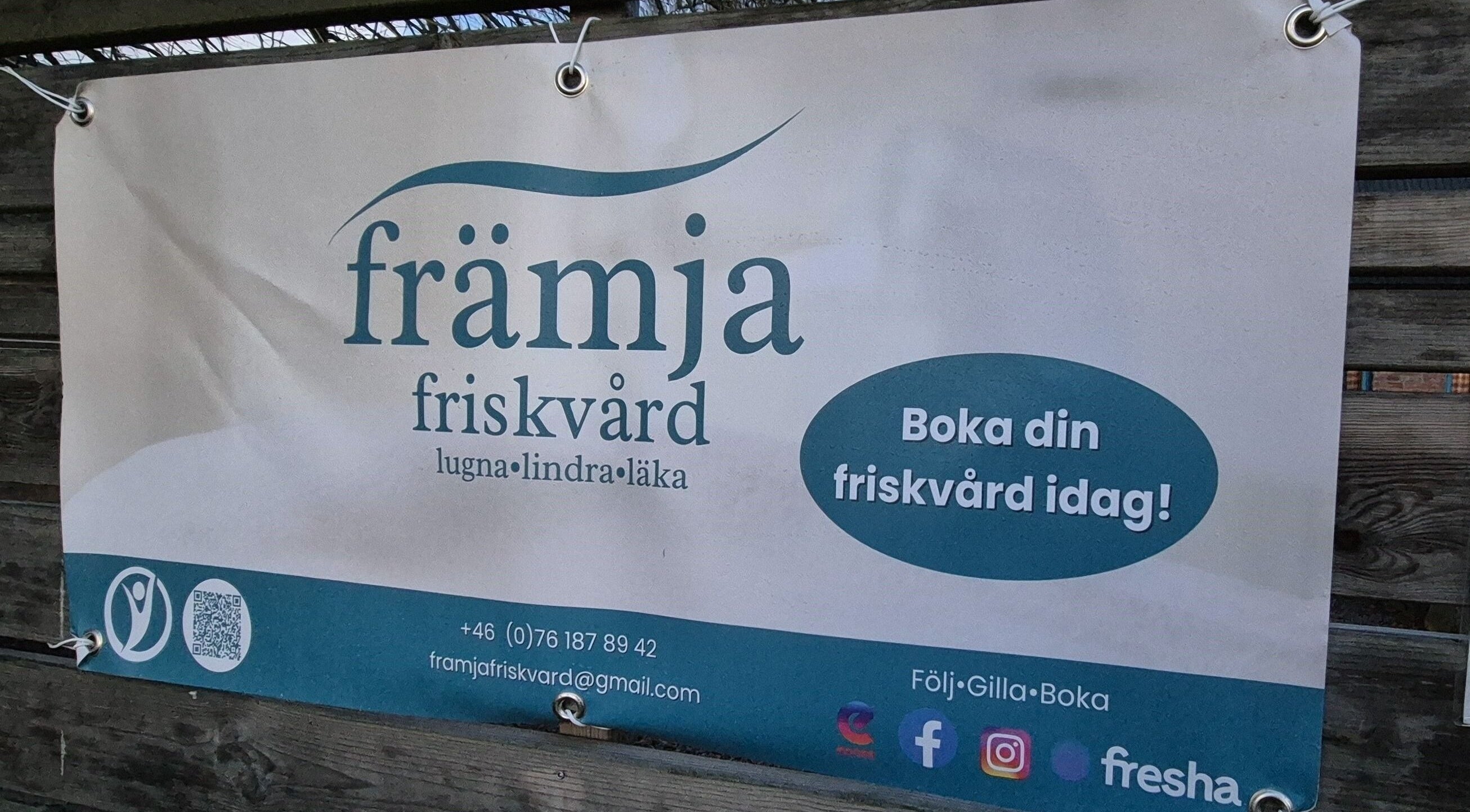Reklamskylt för Främja Friskvård AB i Veberöd, Skåne Län, SE med kontaktinformation och sociala medier.