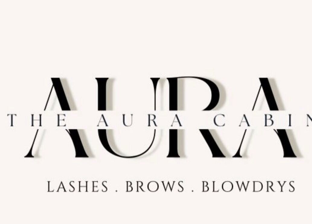 The Aura Cabin logo showcasing lashes, brows, and blowdries in Bobbing, England, GB.