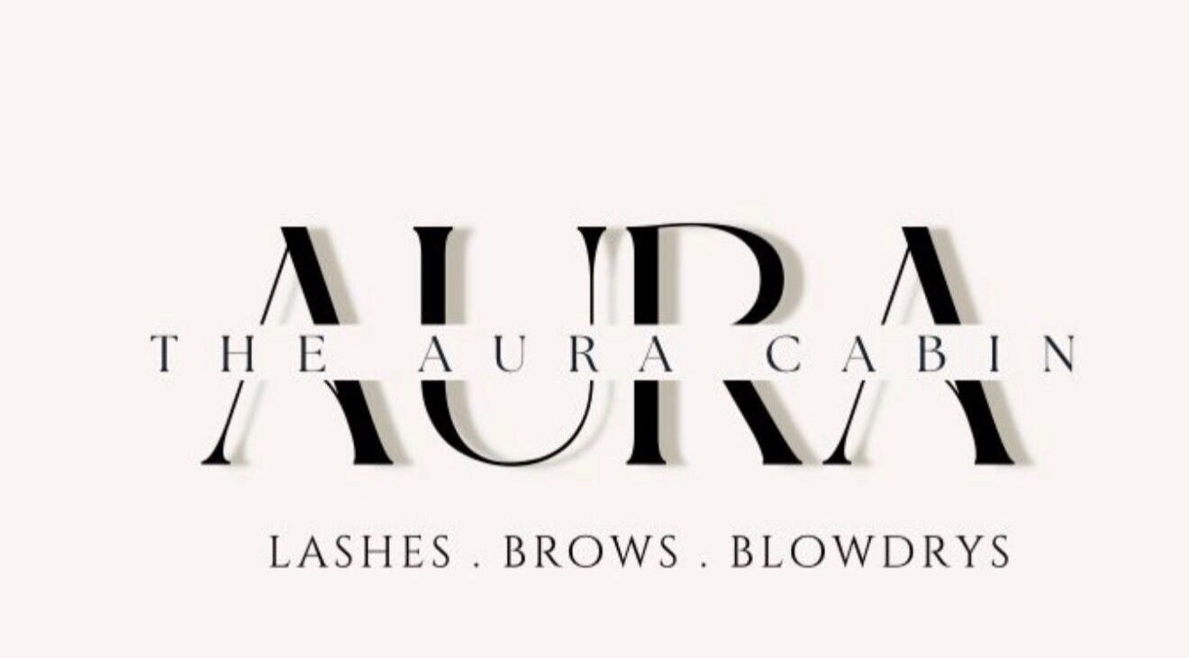 The Aura Cabin logo showcasing lashes, brows, and blowdries in Bobbing, England, GB.