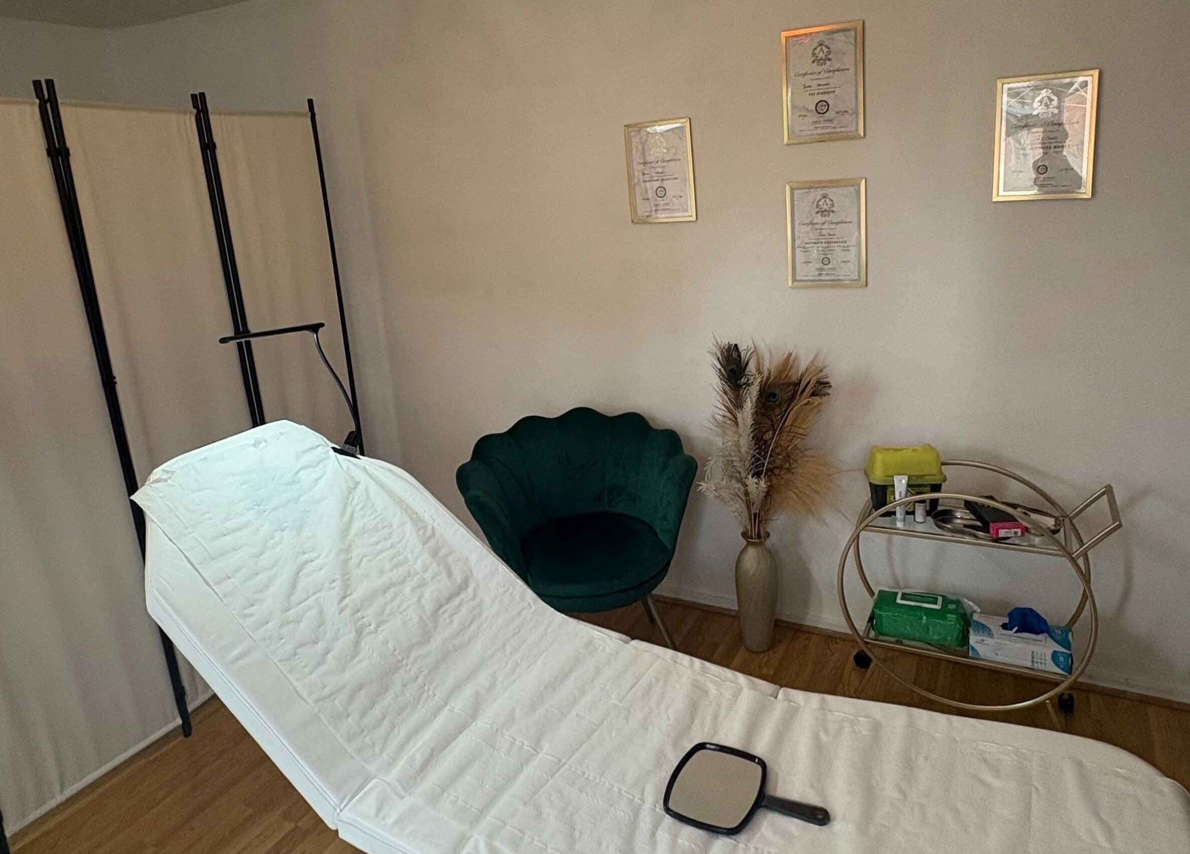 Tranquil treatment room at Revive Aesthetic Lab, London, England, GB, with a plush chair and diplomas.
