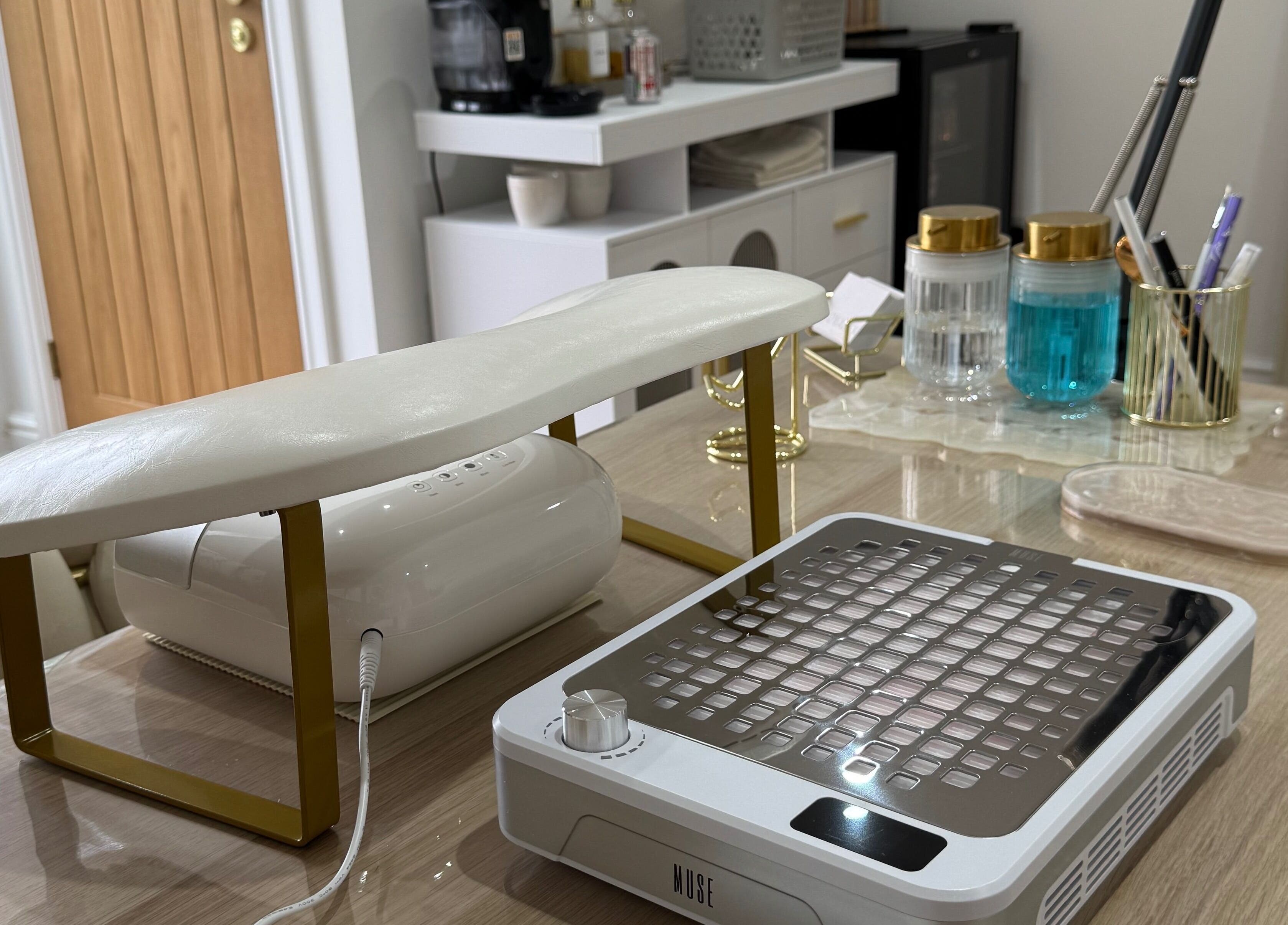 Manicure station at Defined Studio in Bowers Gifford, England, GB with modern tools and sleek design.