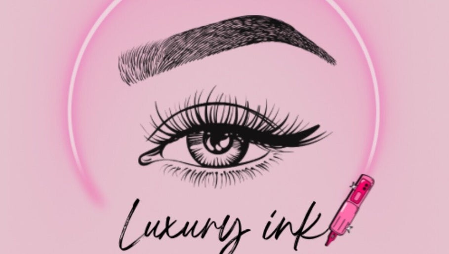Luxury Ink logo featuring a stylized eye and eyebrow in Willemstad, CW. Pink background with elegant text.