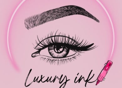 Luxury Ink logo featuring a stylized eye and eyebrow in Willemstad, CW. Pink background with elegant text.