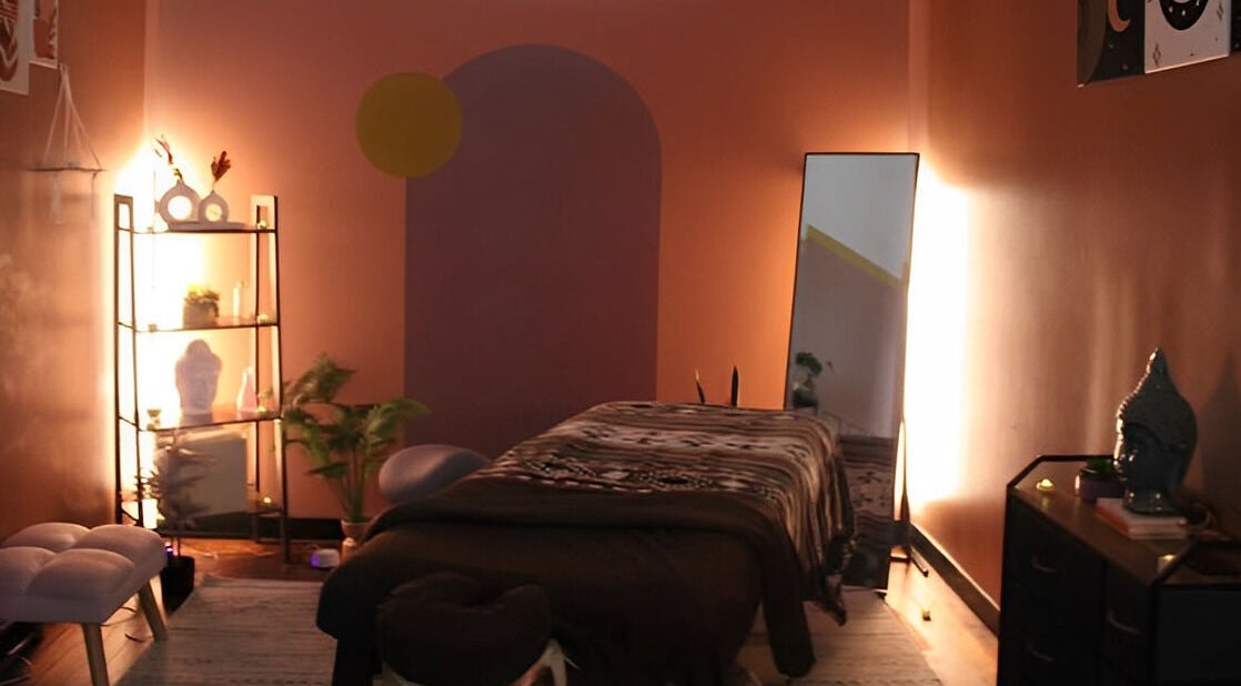 Tranquil massage room with ambient lighting at Soul Serenity Massage, New Bedford, Massachusetts, US.
