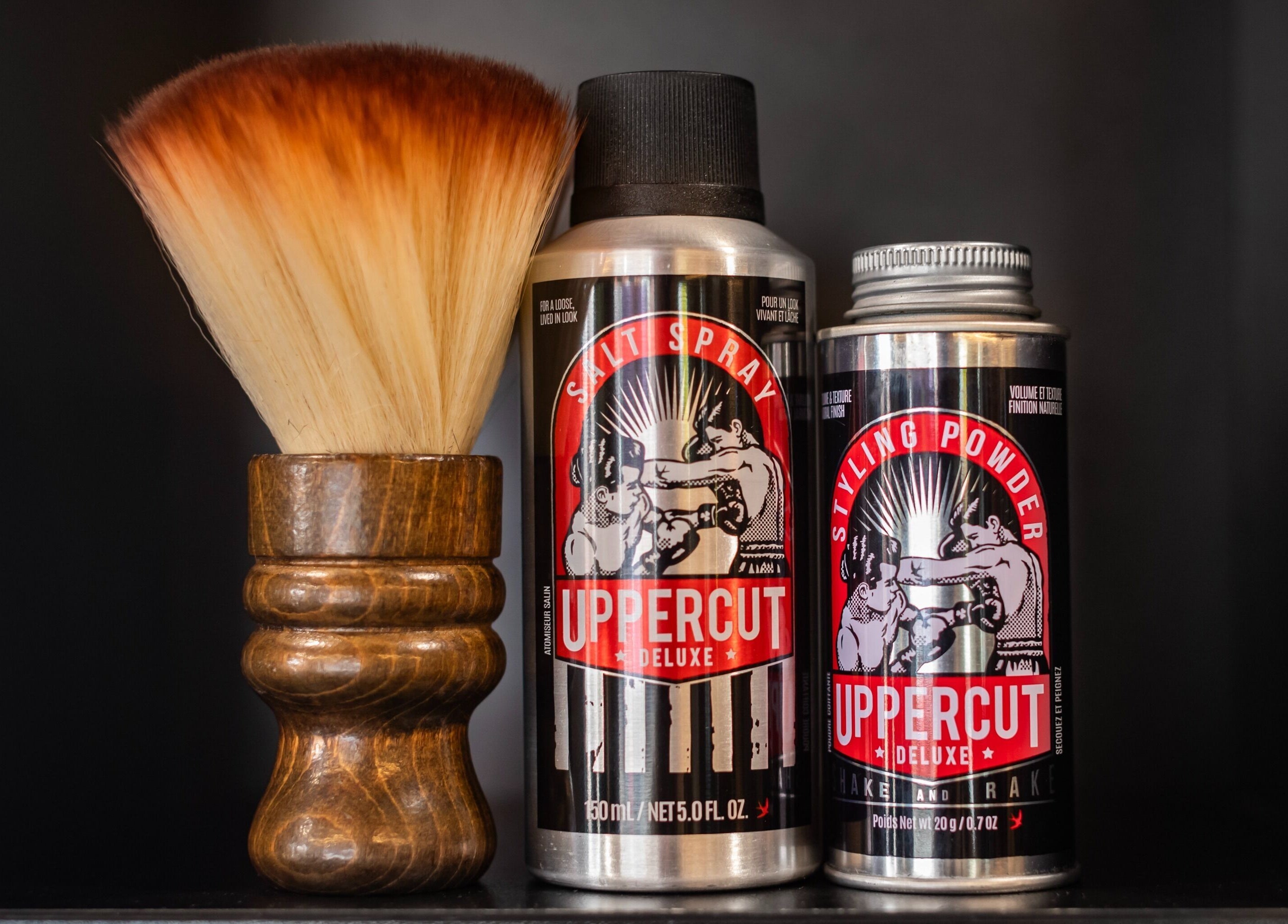 Grooming products at KINGZMAN, Cammeray, NSW, AU. Includes brush and Uppercut styling spray.