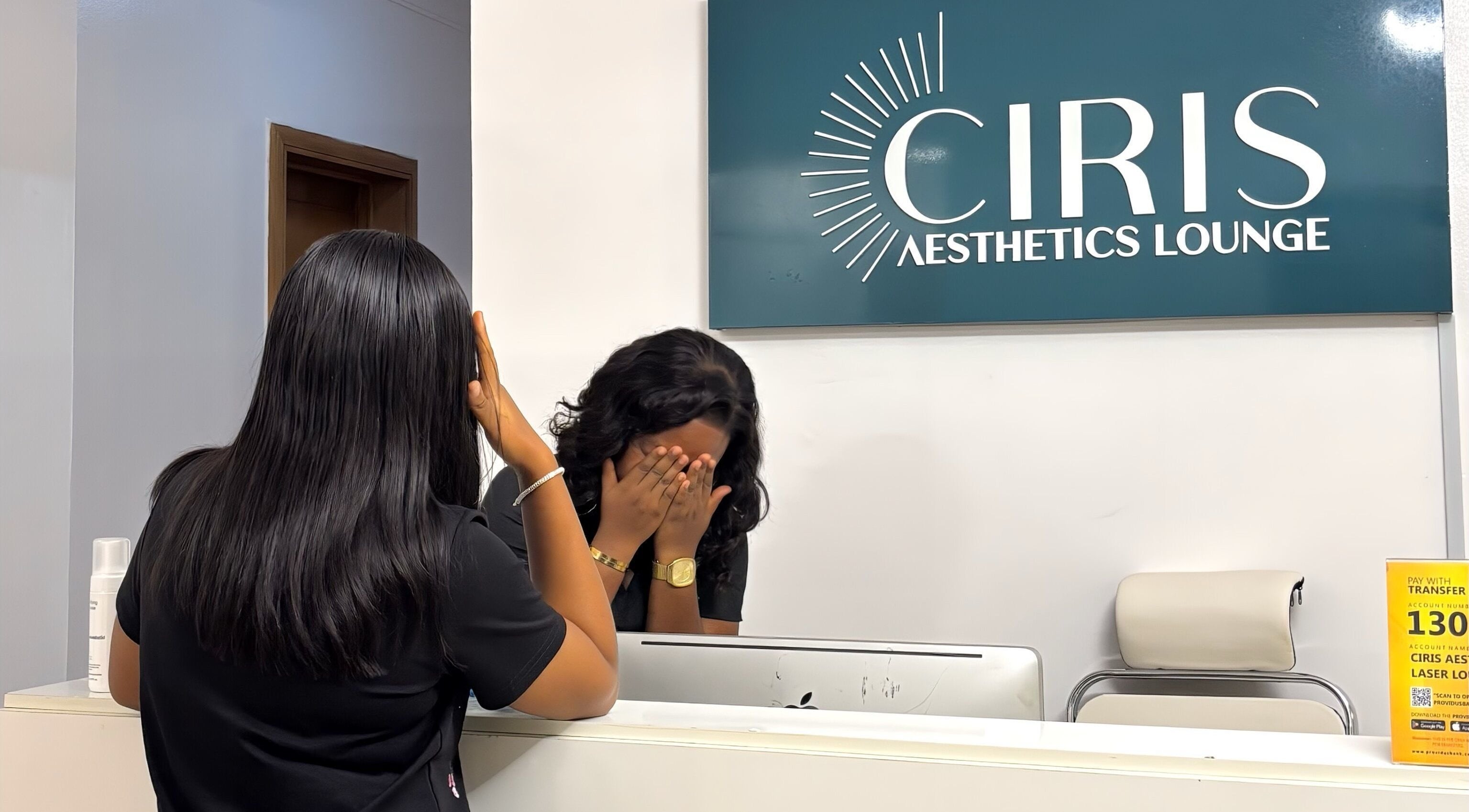 Reception at CIRIS Aesthetics Lounge, Lagos, Lagos, NG, showcasing friendly staff interaction.