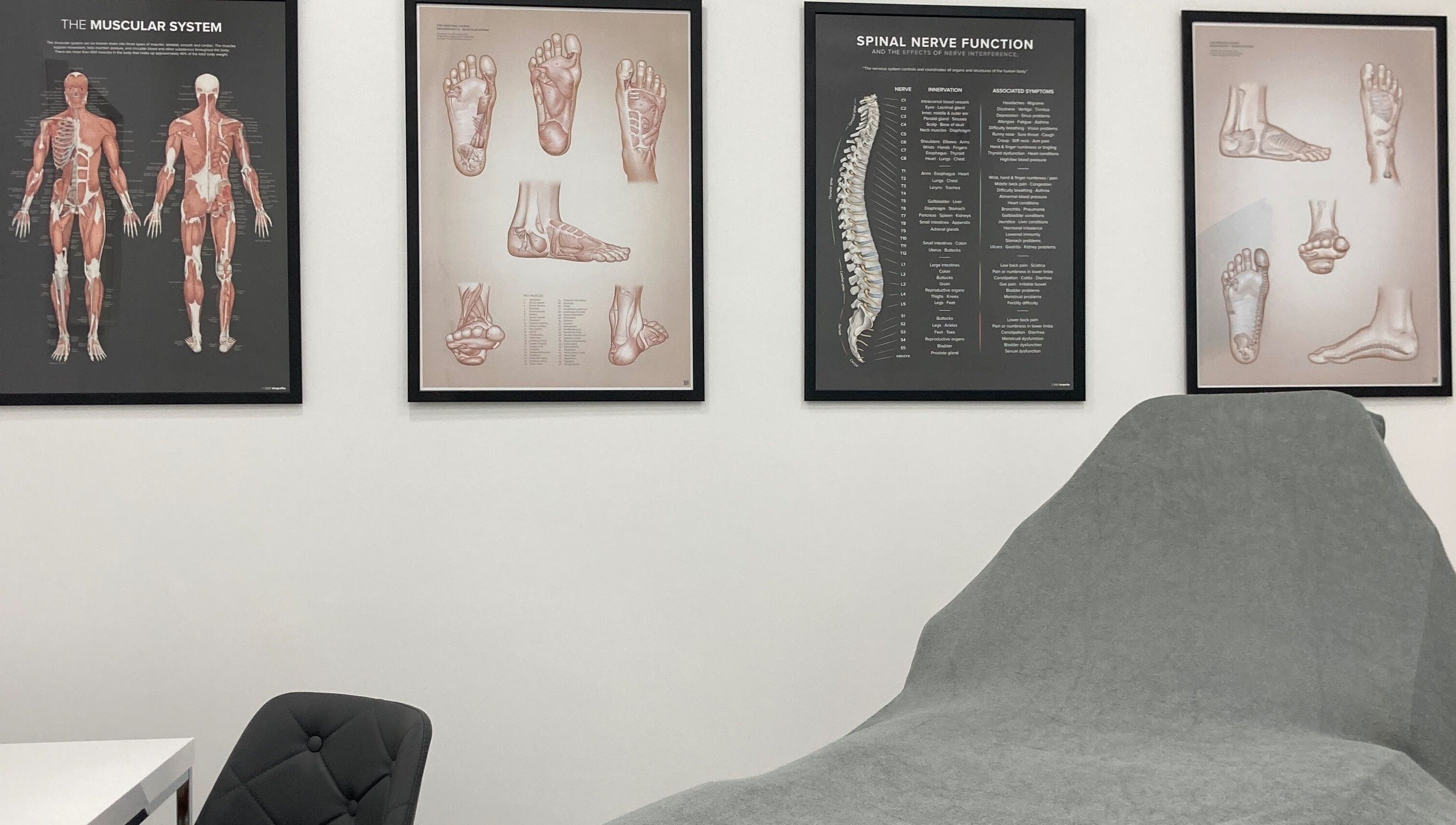 Reflexology Wimbledon therapy room with anatomical charts in London, England, GB.