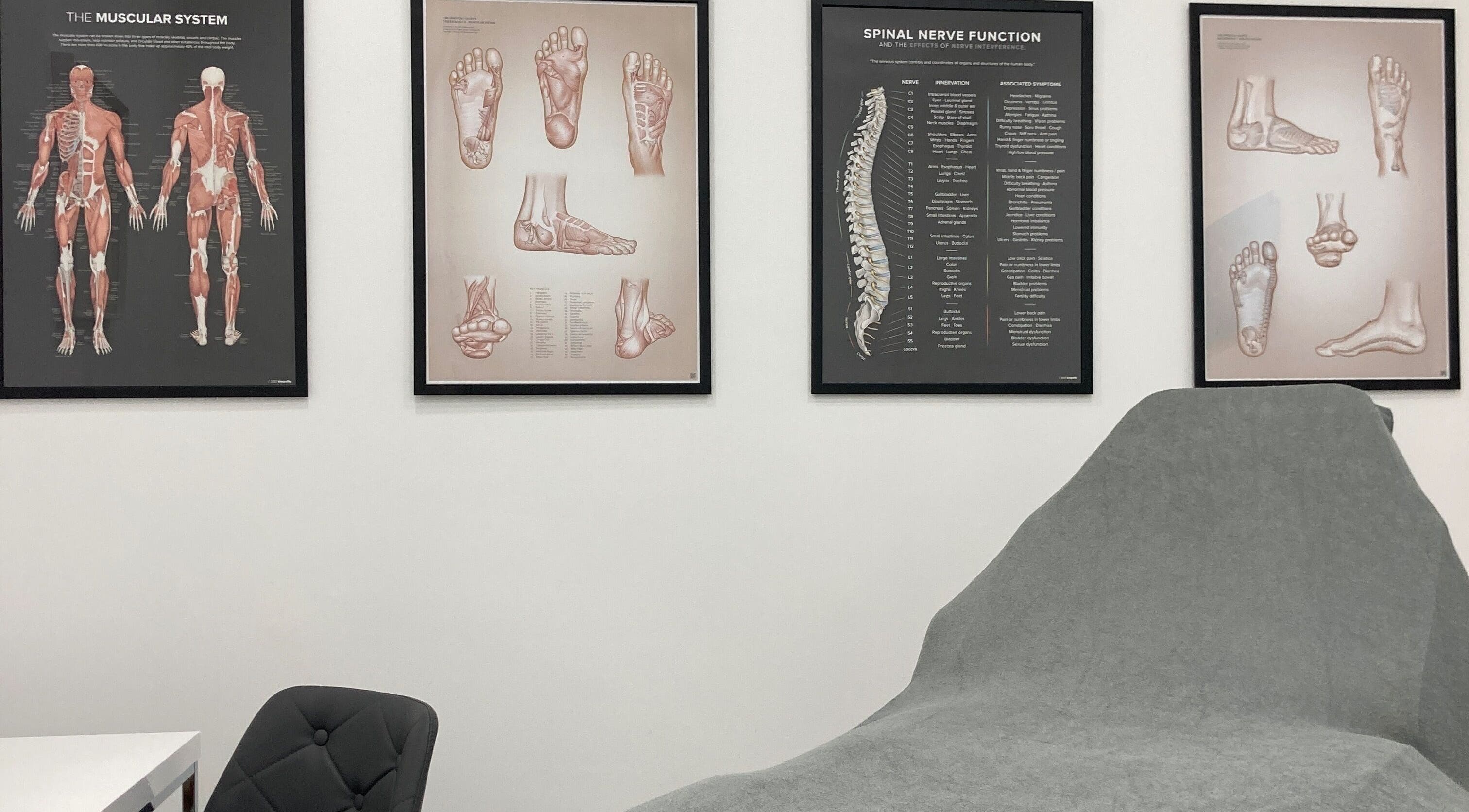 Reflexology Wimbledon therapy room with anatomical charts in London, England, GB.
