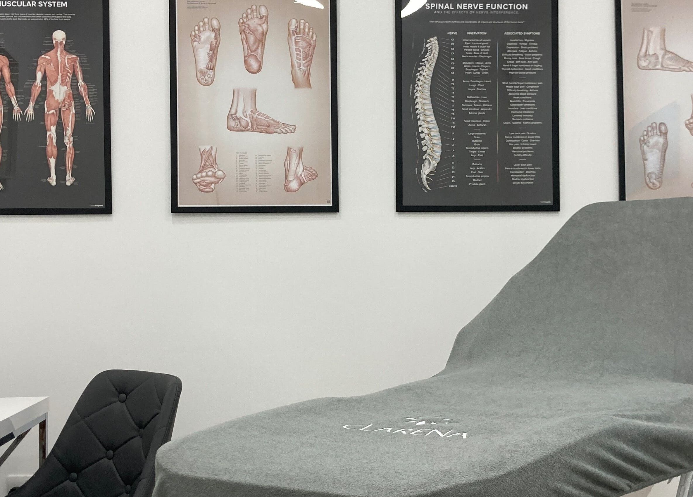 Reflexology Wimbledon massage chair and anatomical charts in London, England, GB wellness center.