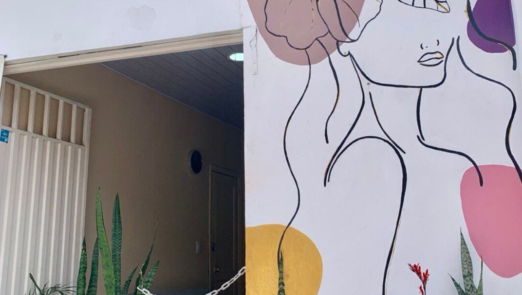 Entrada artística de Cataleya estética y spa con mural en Fusagasugá, Cundinamarca, CO.