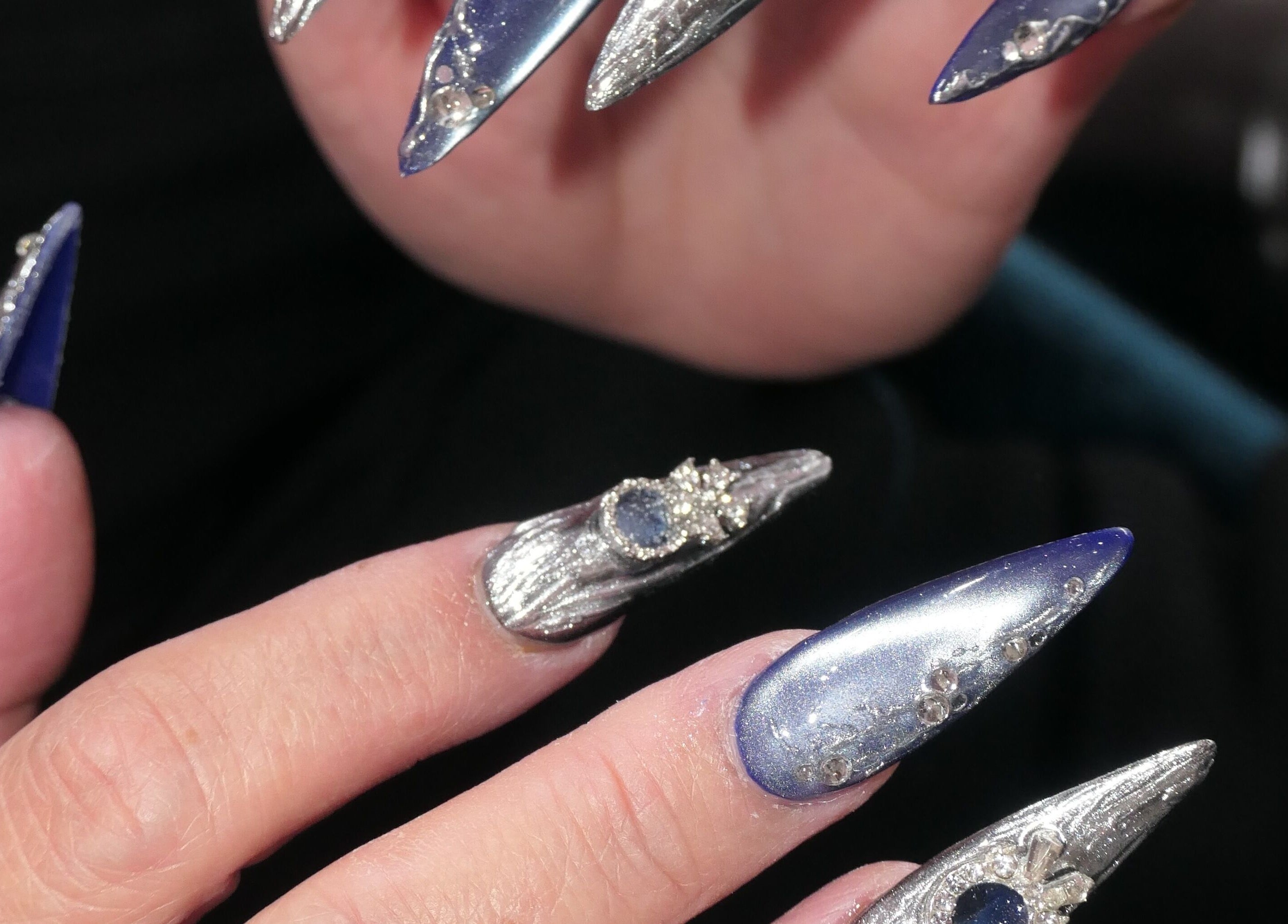 Elegant stiletto nails with jewels at Ladylux de Beaute, Melbourne, Victoria, AU.