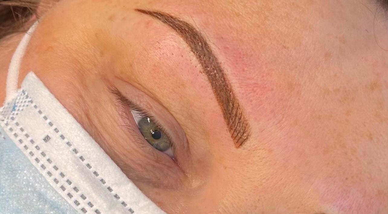 Eyebrow microblading at La Belle, Wolverhampton, England, GB. Close-up view of precise brow detailing.