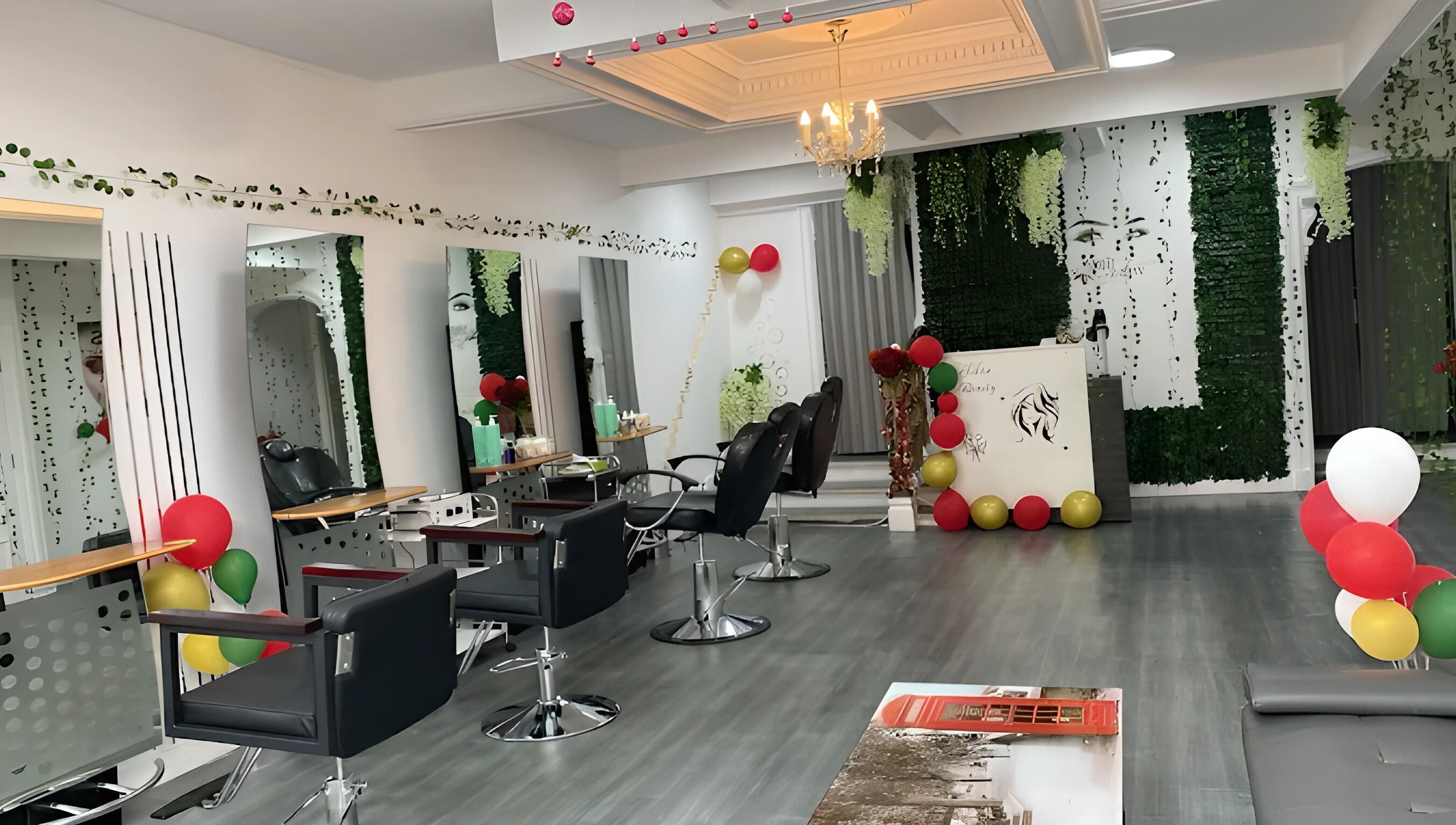 Chic salon interior at Noks Hair and Beauty, Southend-on-sea, England, GB with sleek chairs and elegant decor.