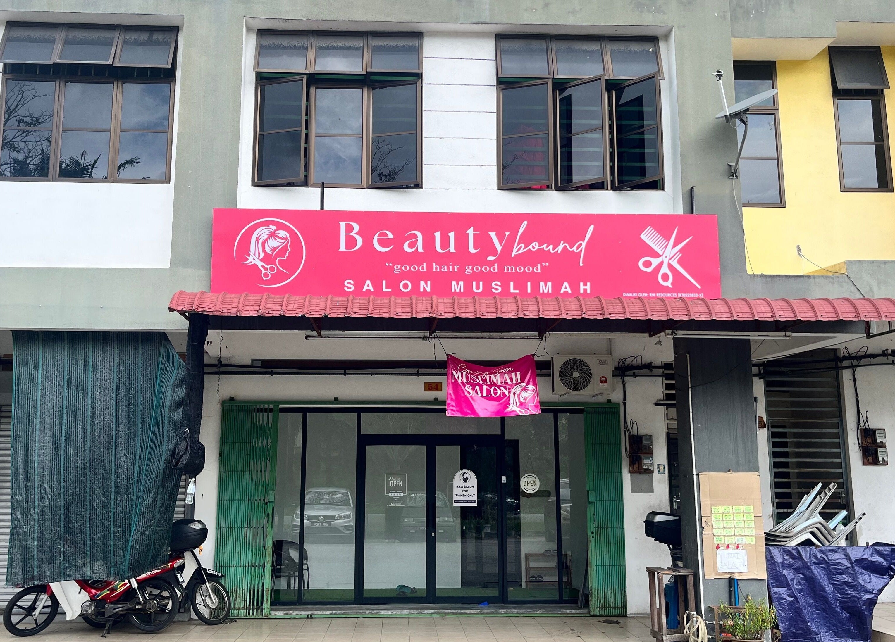 Beauty Bound salon exterior with vibrant signage in Sitiawan, Perak, MY.