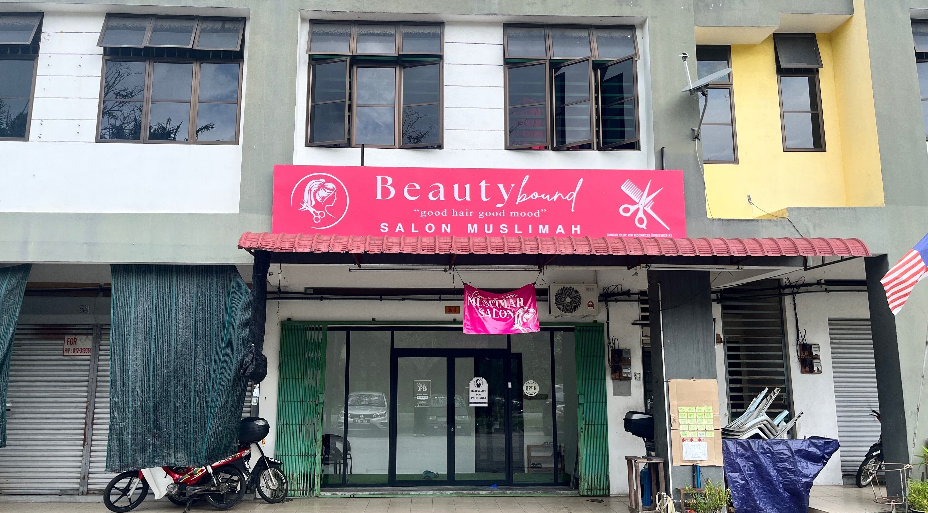 Beauty Bound salon exterior with vibrant signage in Sitiawan, Perak, MY.