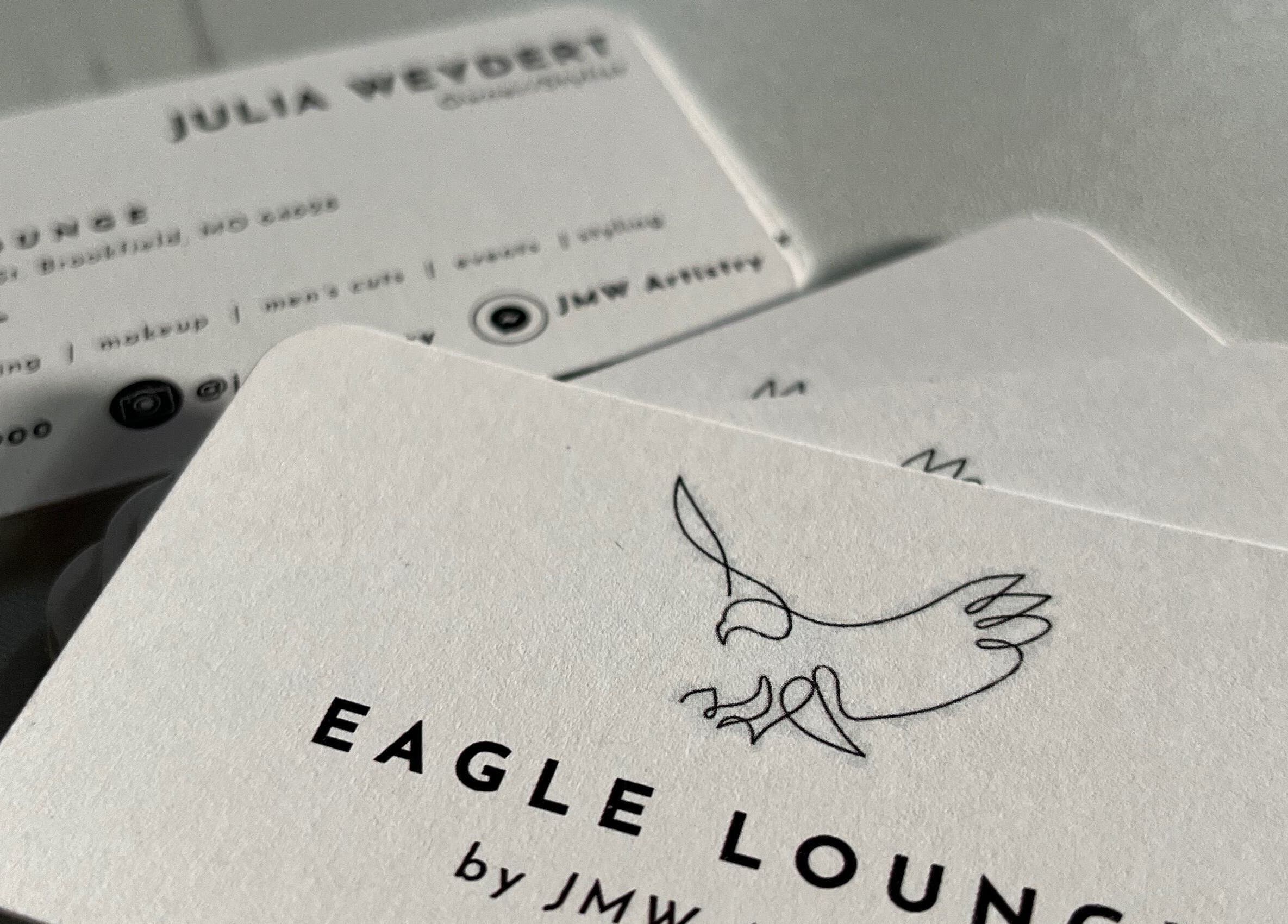 Eagle Lounge business cards featuring logo and contact details in Brookfield, Missouri, US.