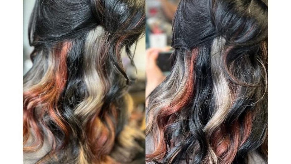 Chloe Louise's colored hair highlights in Otley, England, GB salon showcasing vibrant hues.