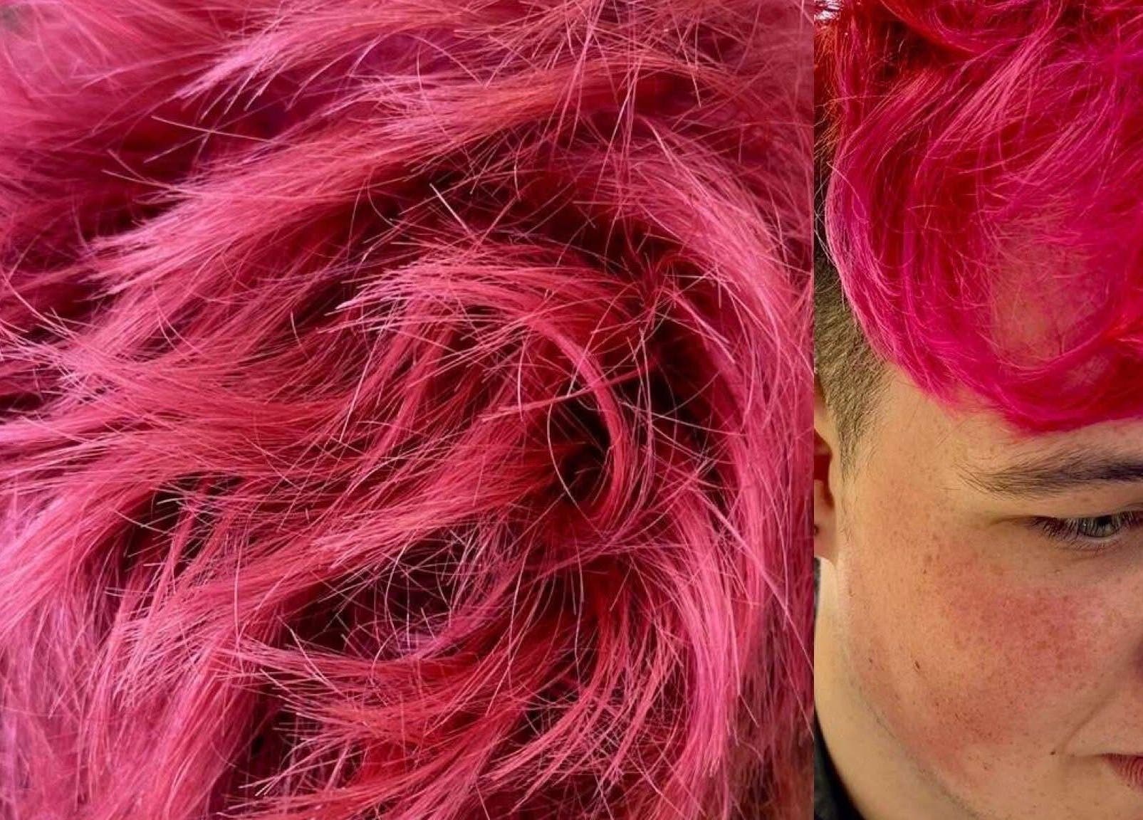 Bright pink hairstyle showcased at Chloe Louise salon in Otley, England, GB, highlighting creative color work.