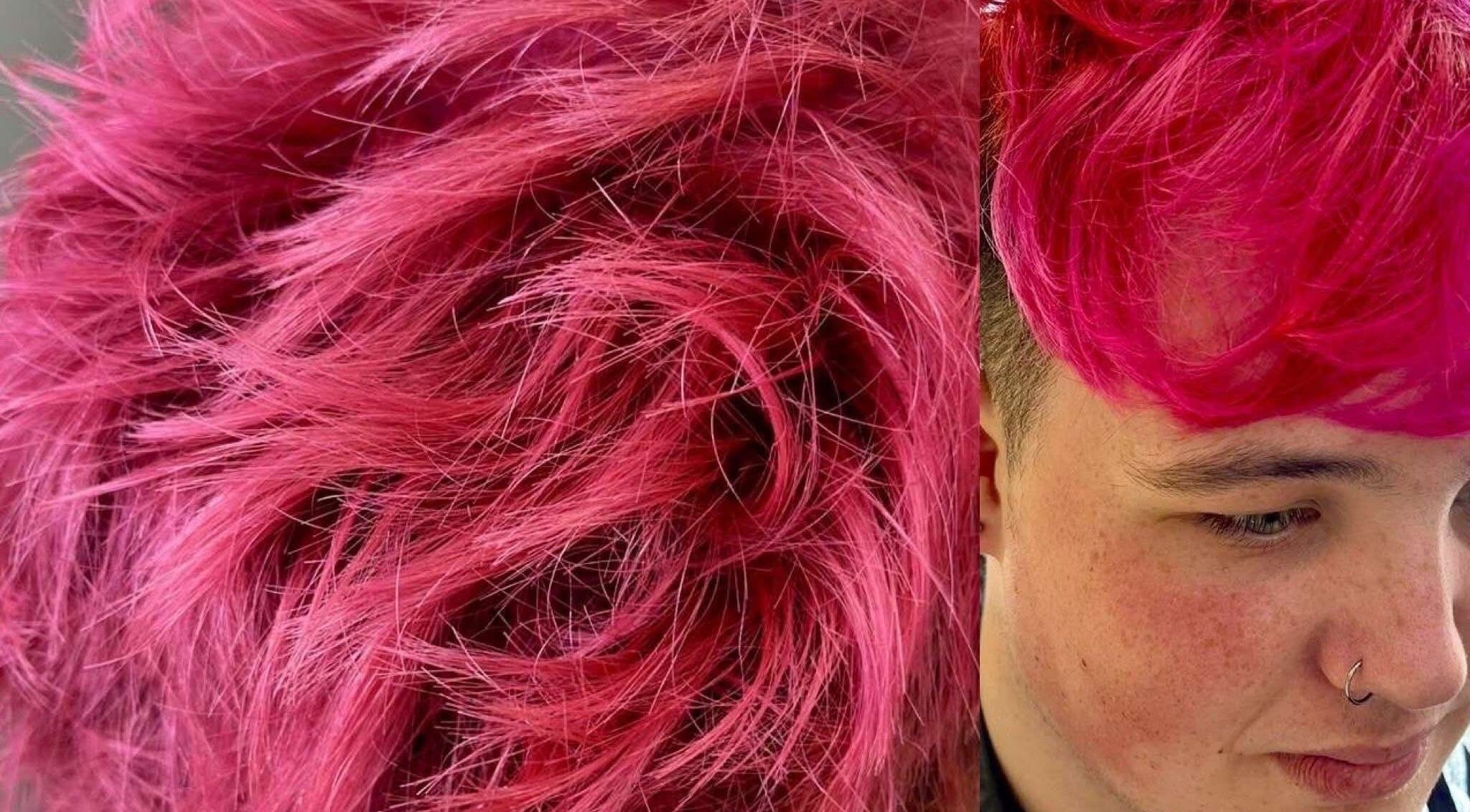Bright pink hairstyle showcased at Chloe Louise salon in Otley, England, GB, highlighting creative color work.