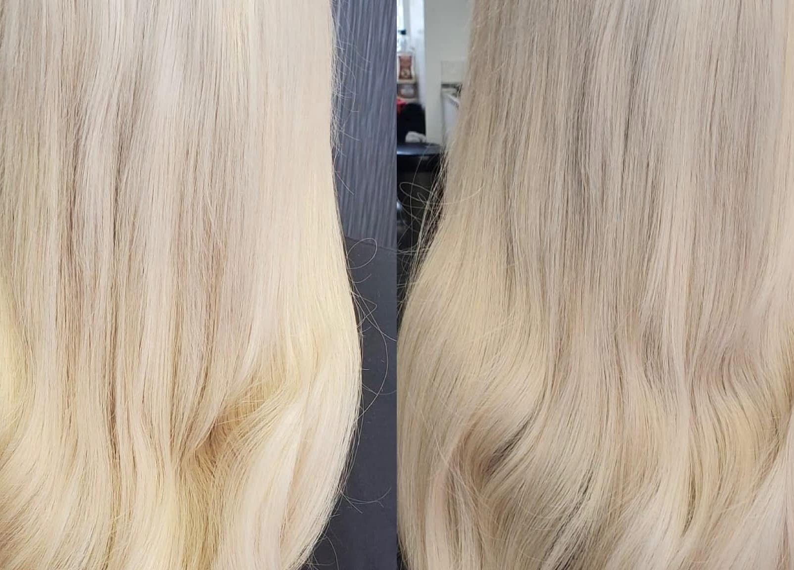 Beautiful blonde hair transformation at Chloe Louise, Otley, England, GB. Two styles side by side.