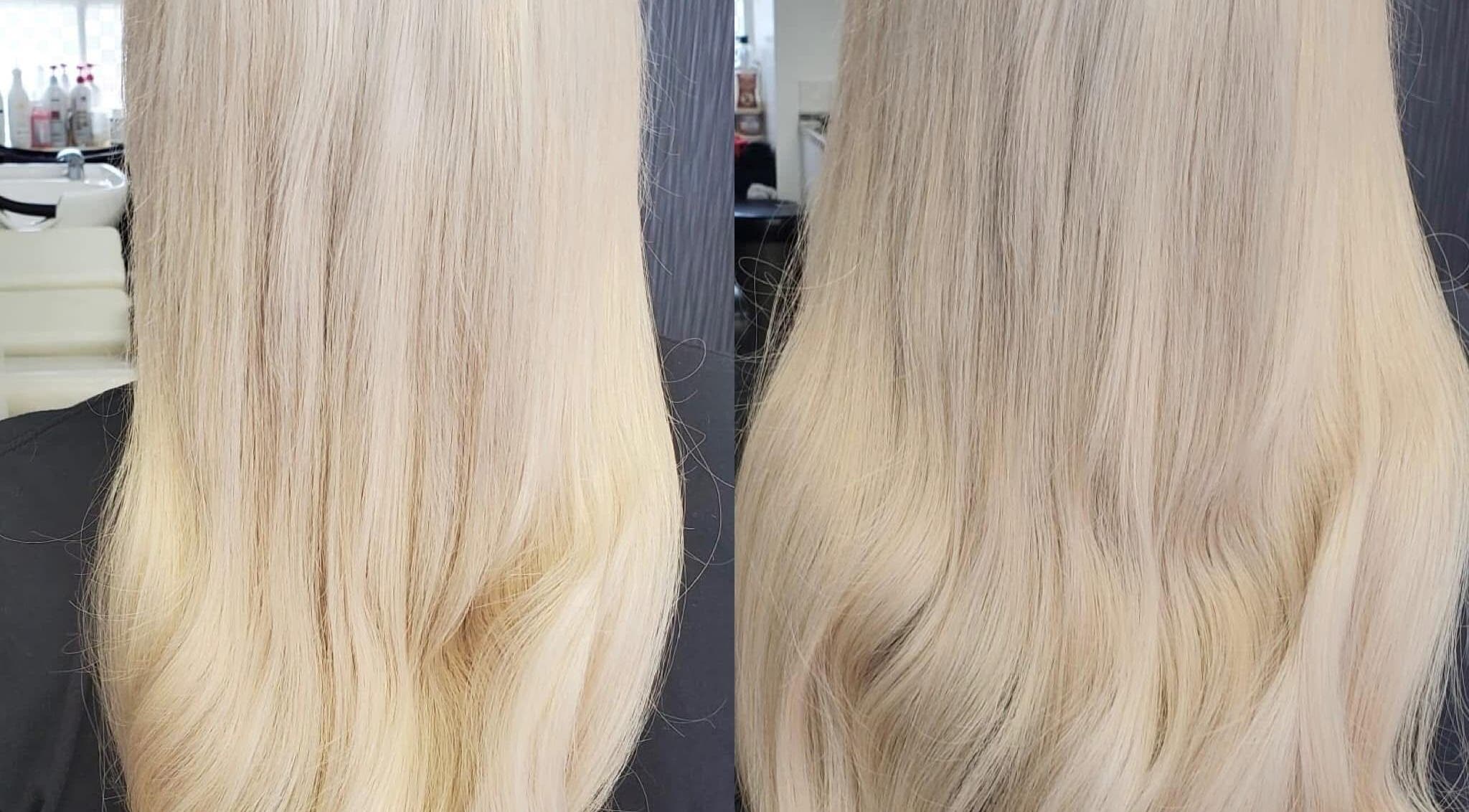 Beautiful blonde hair transformation at Chloe Louise, Otley, England, GB. Two styles side by side.