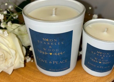 Holistics by Moon Sparkles & Wood candles in Walkern, England GB. Elegant white candles with roses.